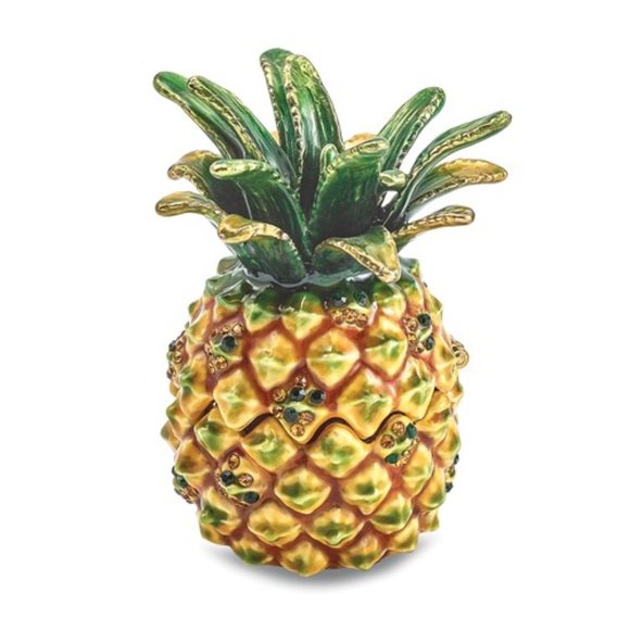 Jere Pewter Bejeweled Crystals Enameled Good Vibes Golden Pineapple Trinket Box - Picture 1 of 5
